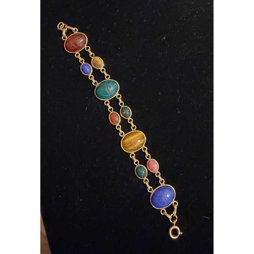 Vintage Scarab Bracelet 12k GF 10 Carved Gemstones 7.25"